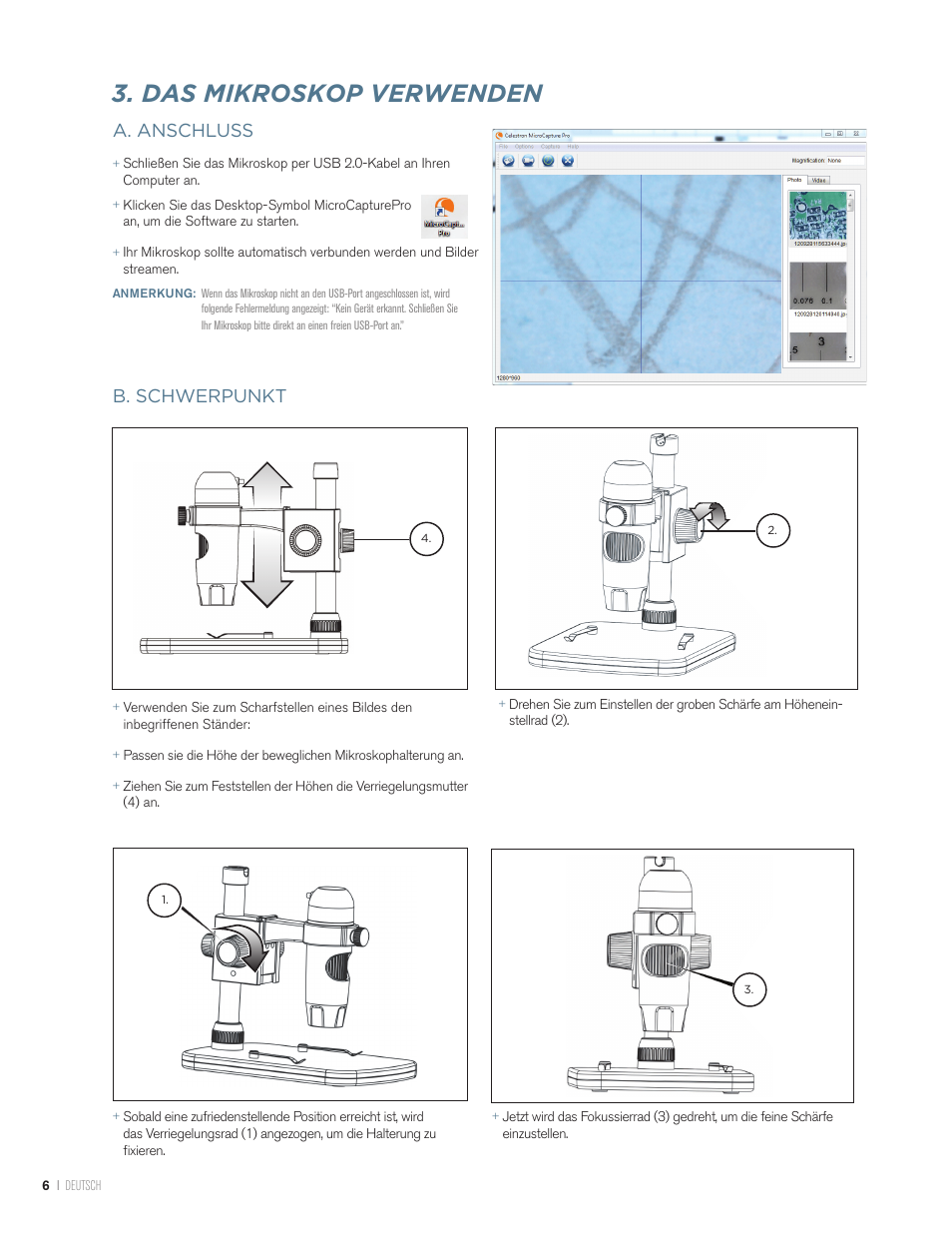 Das mikroskop verwenden, A. anschluss, B. schwerpunkt | Celestron Handheld Digital Microscope Pro (Gray) User Manual | Page 45 / 65