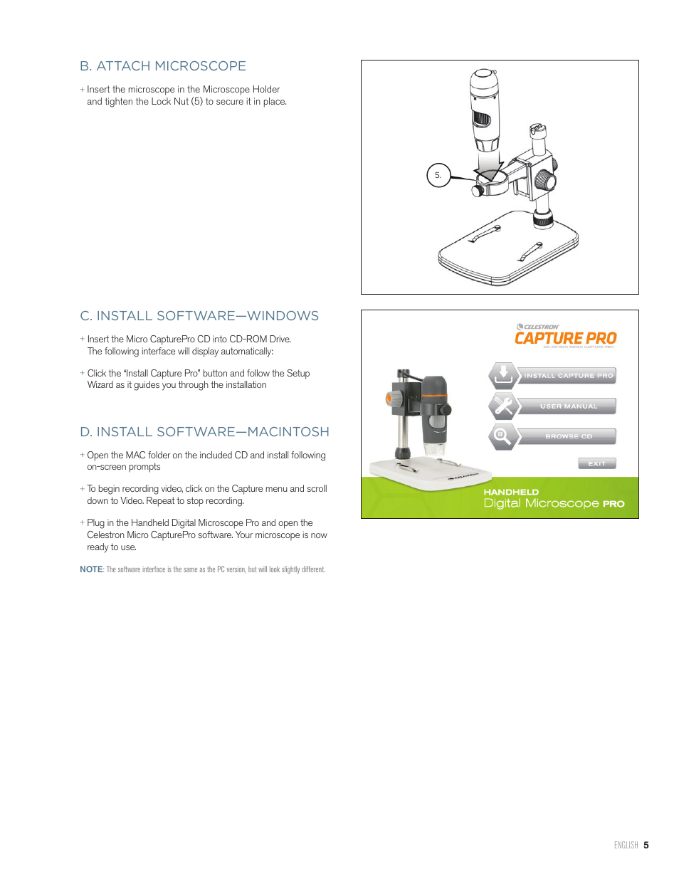 B. attach microscope, C. install software—windows, D. install software—macintosh | Celestron Handheld Digital Microscope Pro (Gray) User Manual | Page 5 / 65