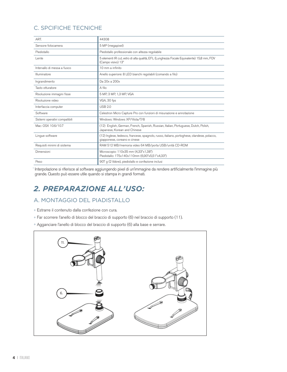 Preparazione all’uso, C. spcifiche tecniche, A. montaggio del piadistallo | Celestron Handheld Digital Microscope Pro (Gray) User Manual | Page 56 / 65