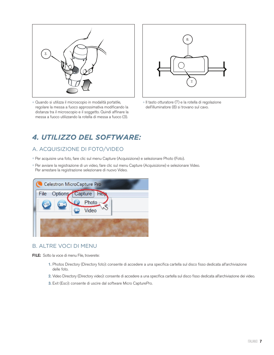 Utilizzo del software, A. acquisizione di foto/video, B. altre voci di menu | Celestron Handheld Digital Microscope Pro (Gray) User Manual | Page 59 / 65