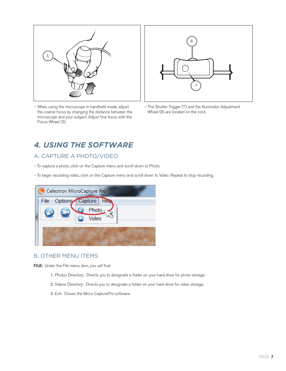 Using the software, A. capture a photo/video, B. other menu items | Celestron Handheld Digital Microscope Pro (Gray) User Manual | Page 7 / 65