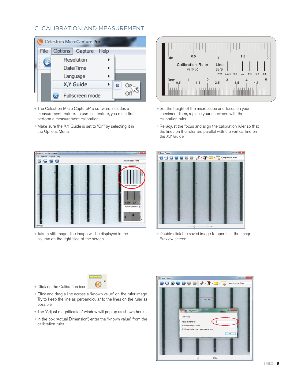C. calibration and measurement | Celestron Handheld Digital Microscope Pro (Gray) User Manual | Page 9 / 65