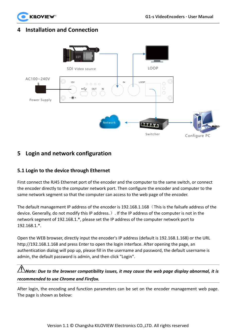 Installation and connection, Login and network configuration, Ogin to the device through | Thernet, 4installation and connection, 5login and network configuration, 1 login to the device through ethernet | Kiloview 3G-SDI to H.264 Wireless Video Encoder User Manual | Page 10 / 50