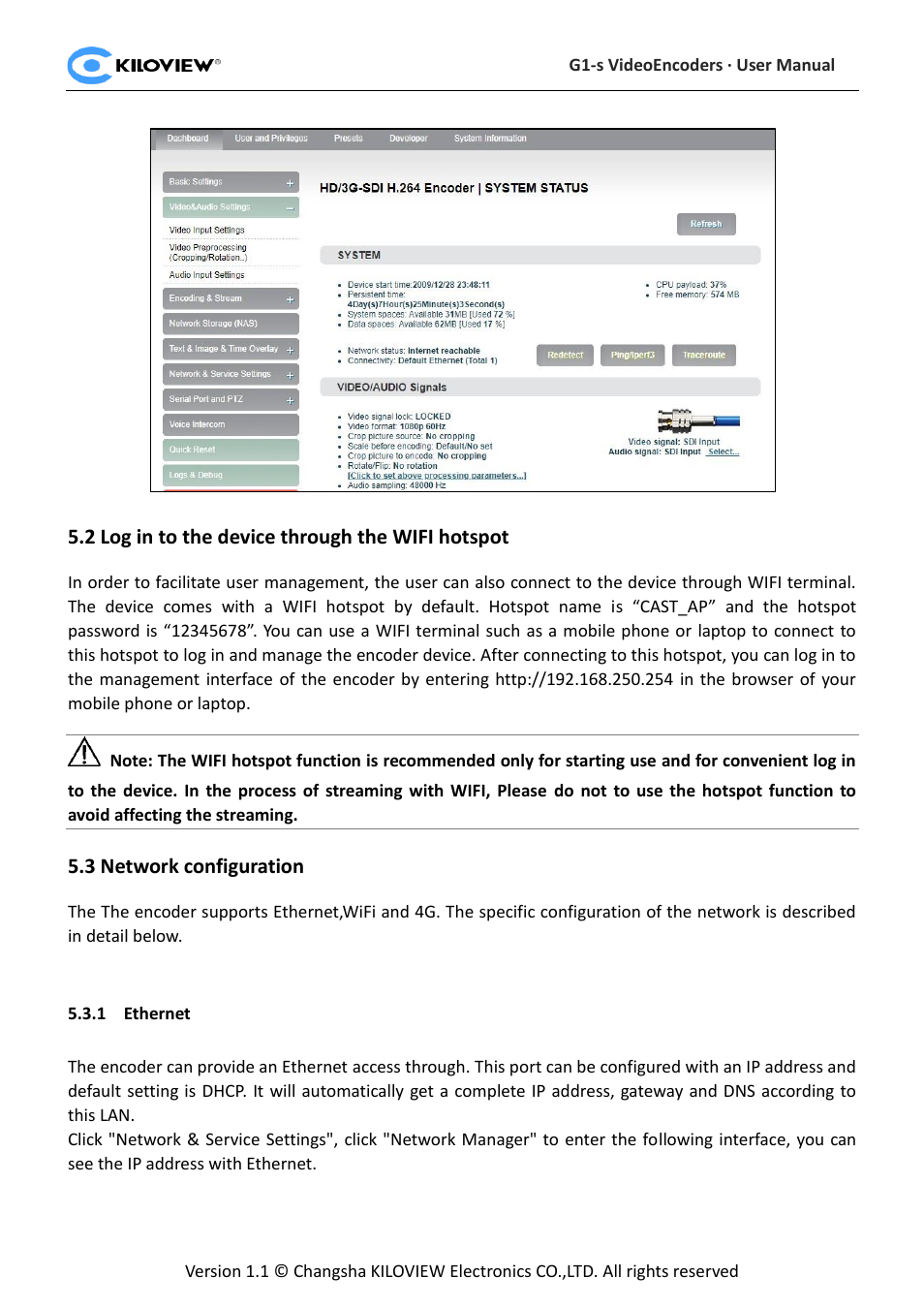 Og in to the device through the, Wifi, Hotspot | Etwork configuration, Ethernet | Kiloview 3G-SDI to H.264 Wireless Video Encoder User Manual | Page 11 / 50