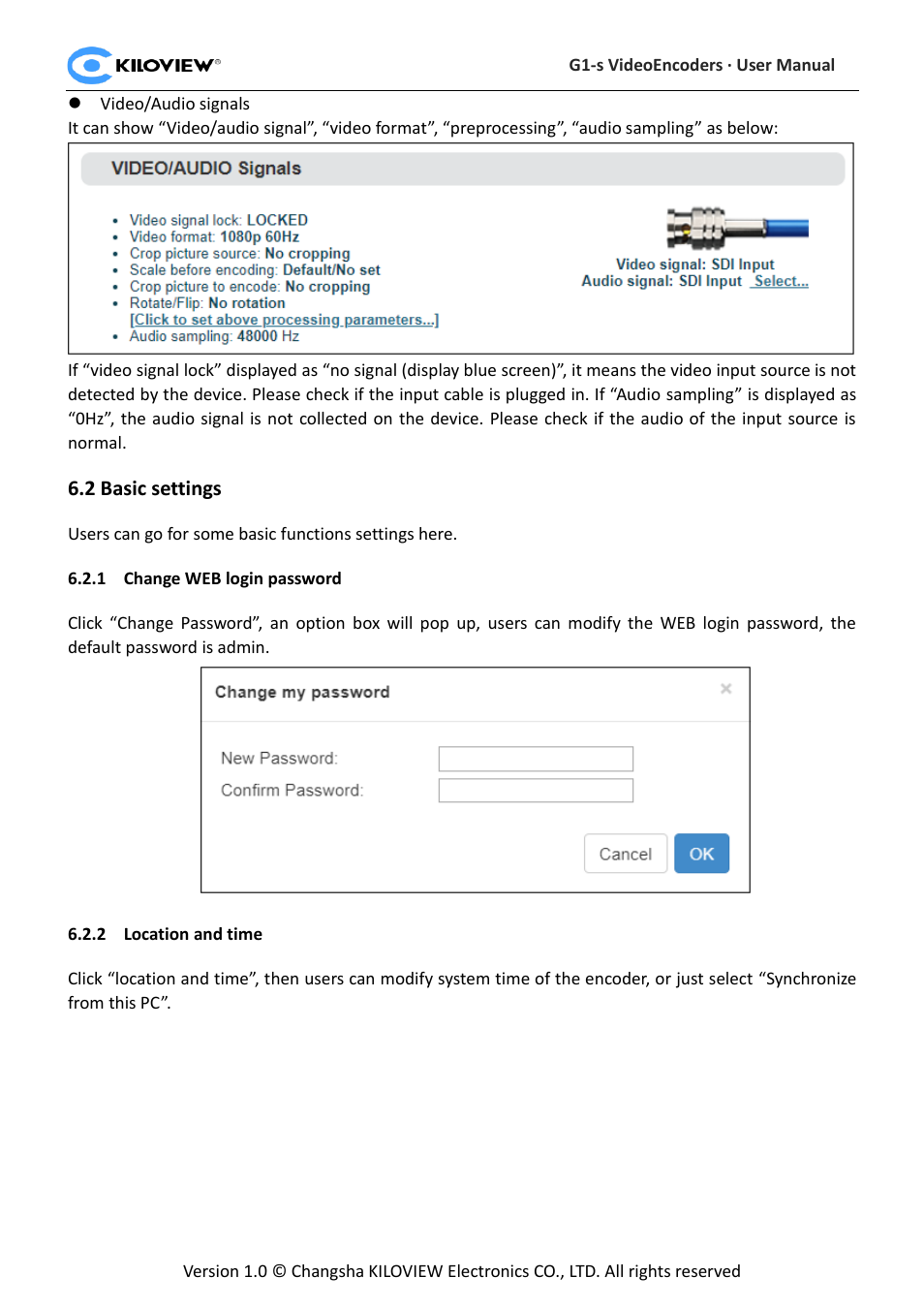 Asic settings, Change web login password, Location and time | Kiloview 3G-SDI to H.264 Wireless Video Encoder User Manual | Page 20 / 50