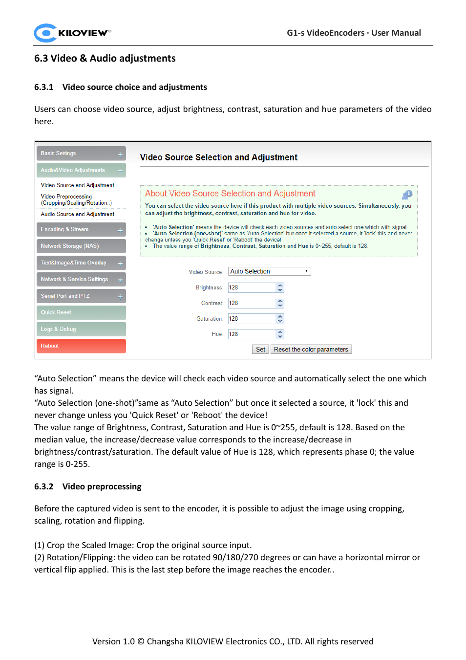 Ideo, Udio adjustments, Video source choice and adjustments | Video preprocessing | Kiloview 3G-SDI to H.264 Wireless Video Encoder User Manual | Page 23 / 50