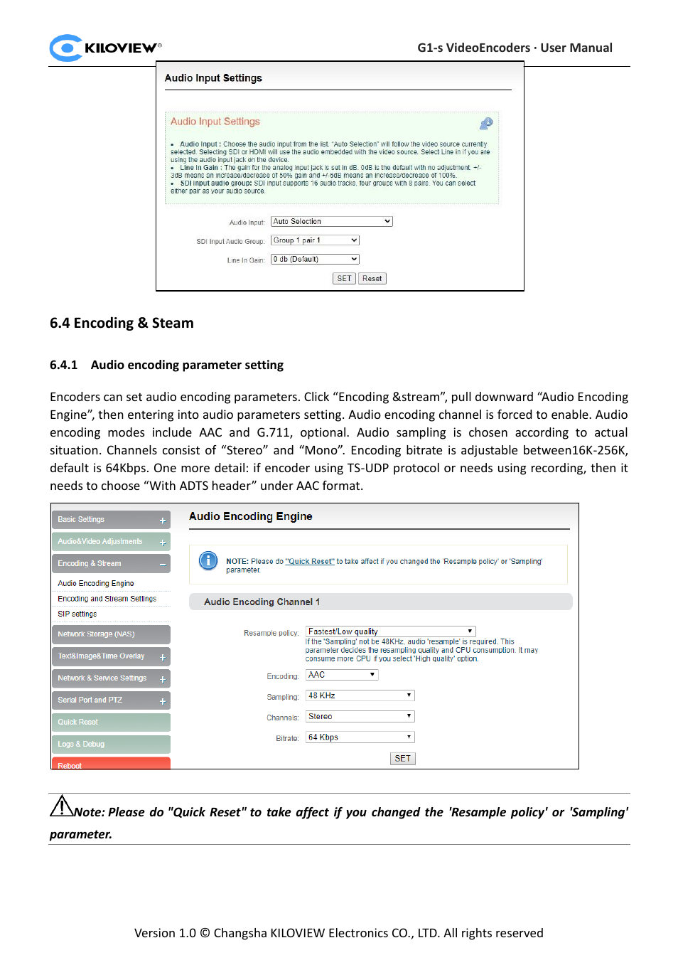 Ncoding, Team, Audio encoding parameter setting | 4 encoding & steam | Kiloview 3G-SDI to H.264 Wireless Video Encoder User Manual | Page 25 / 50