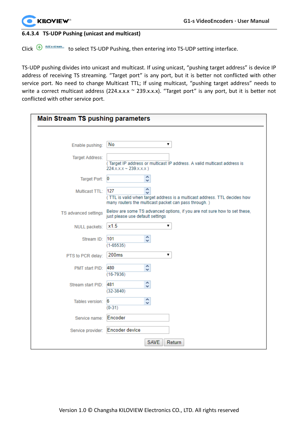 Ts-udp pushing (unicast and multicast) | Kiloview 3G-SDI to H.264 Wireless Video Encoder User Manual | Page 32 / 50