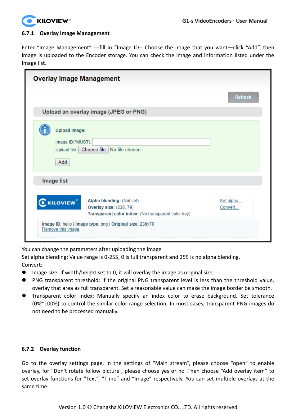 Overlay image management, Overlay function | Kiloview 3G-SDI to H.264 Wireless Video Encoder User Manual | Page 42 / 50