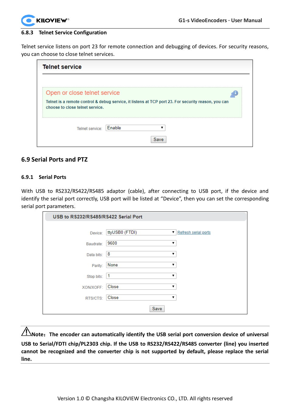 Telnet service configuration, Erial, Orts and | Serial ports | Kiloview 3G-SDI to H.264 Wireless Video Encoder User Manual | Page 46 / 50