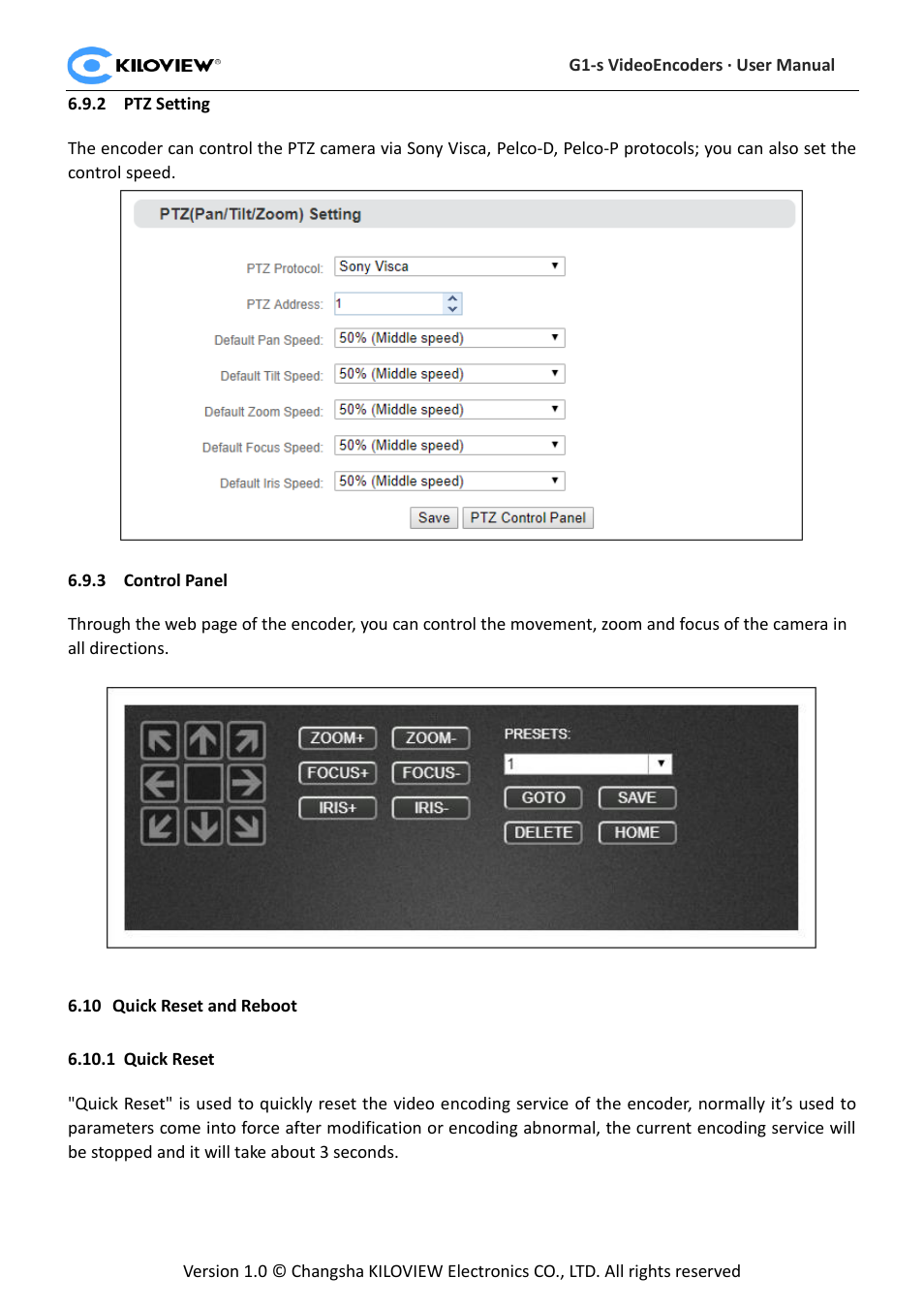 Ptz setting, Control panel, Uick | Eset and, Eboot, Quick reset | Kiloview 3G-SDI to H.264 Wireless Video Encoder User Manual | Page 47 / 50