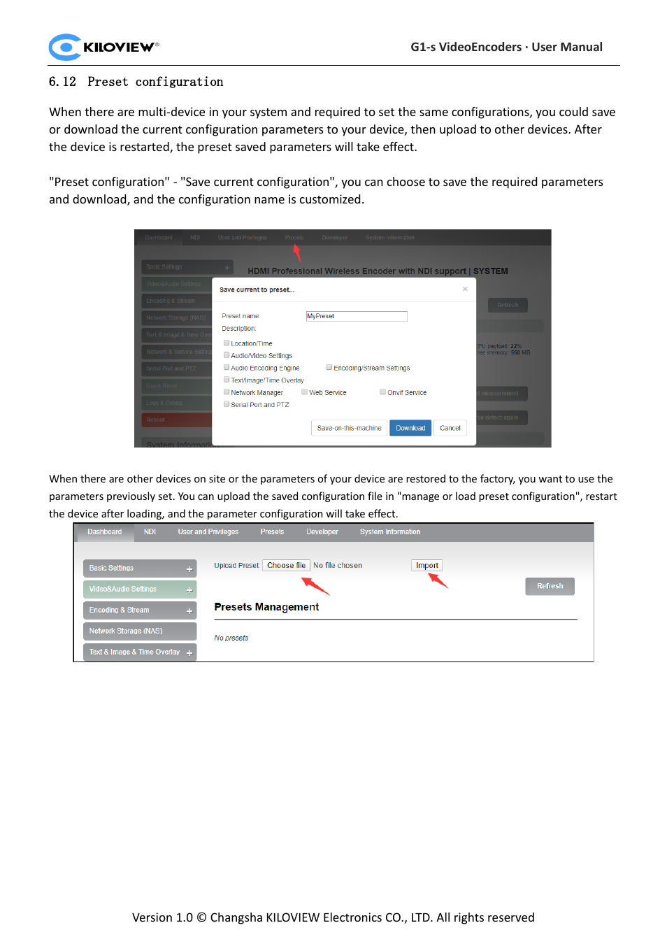 Reset configuration | Kiloview 3G-SDI to H.264 Wireless Video Encoder User Manual | Page 49 / 50