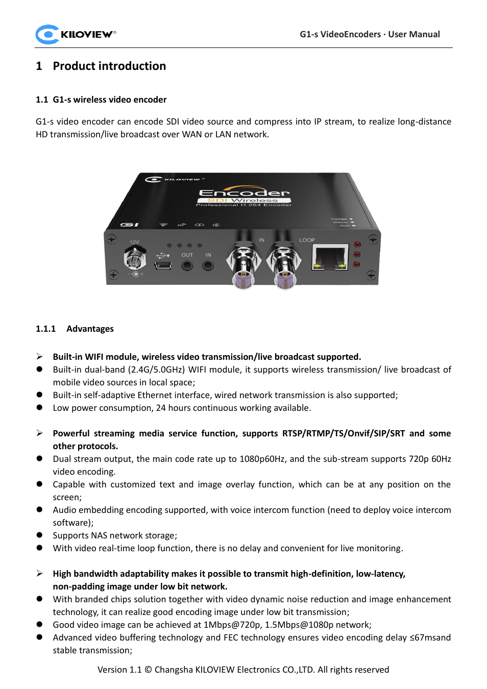 Product introduction, S wireless video encoder, Advantages | 1product introduction | Kiloview 3G-SDI to H.264 Wireless Video Encoder User Manual | Page 5 / 50