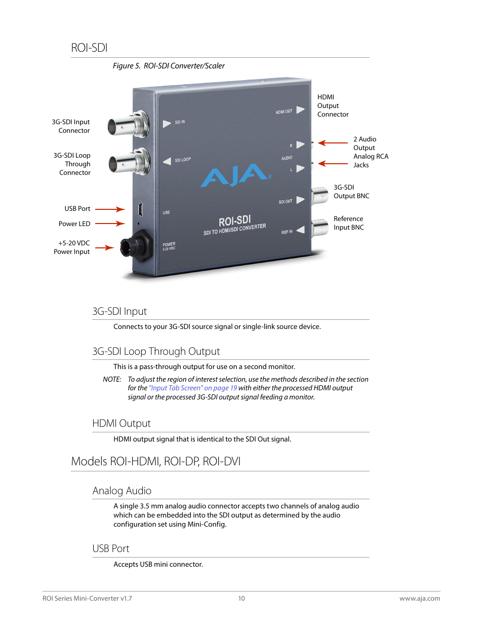 Roi-sdi, Models roi-hdmi, roi-dp, roi-dvi, Roi-sdi models roi-hdmi, roi-dp, roi-dvi | 3g-sdi input, 3g-sdi loop through output, Hdmi output, Analog audio, Usb port | AJA ROI DVI to SDI Mini-Converter User Manual | Page 10 / 54