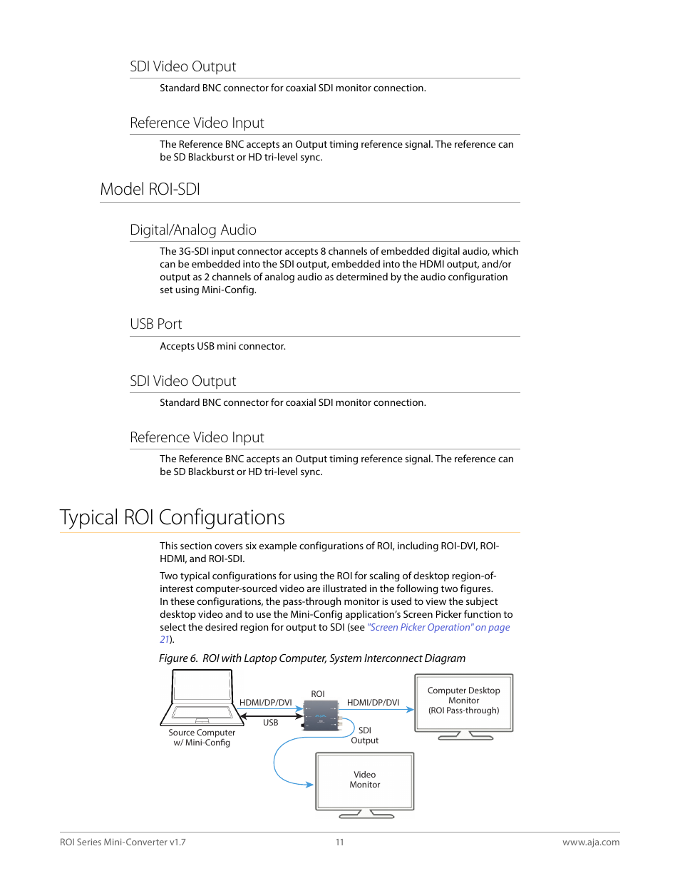 Model roi-sdi, Typical roi configurations, Sdi video output | Reference video input, Digital/analog audio, Usb port | AJA ROI DVI to SDI Mini-Converter User Manual | Page 11 / 54