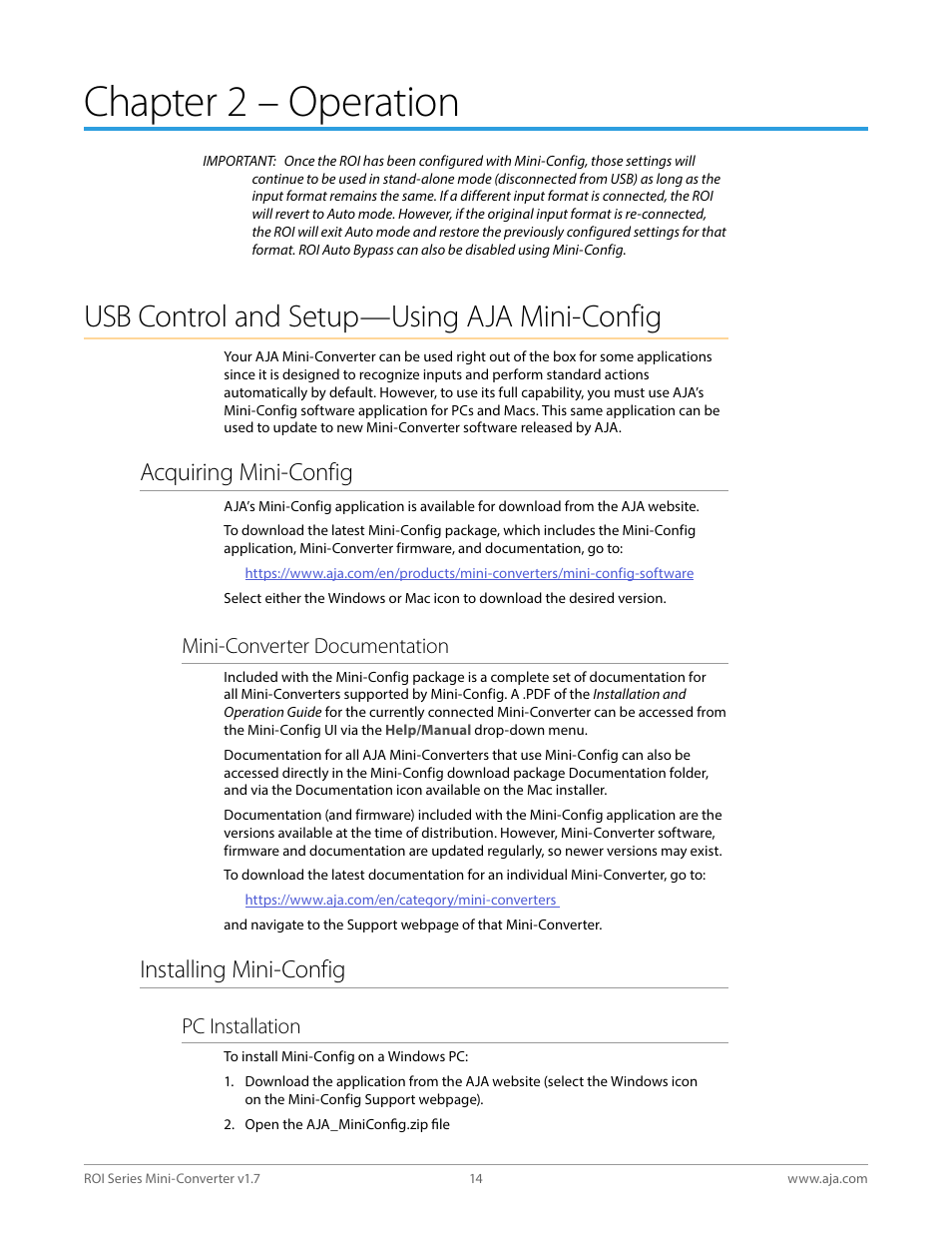 Chapter 2 – operation, Usb control and setup—using aja mini-config, Acquiring mini-config | Installing mini-config, Acquiring mini-config installing mini-config, Mini-converter documentation, Pc installation | AJA ROI DVI to SDI Mini-Converter User Manual | Page 14 / 54