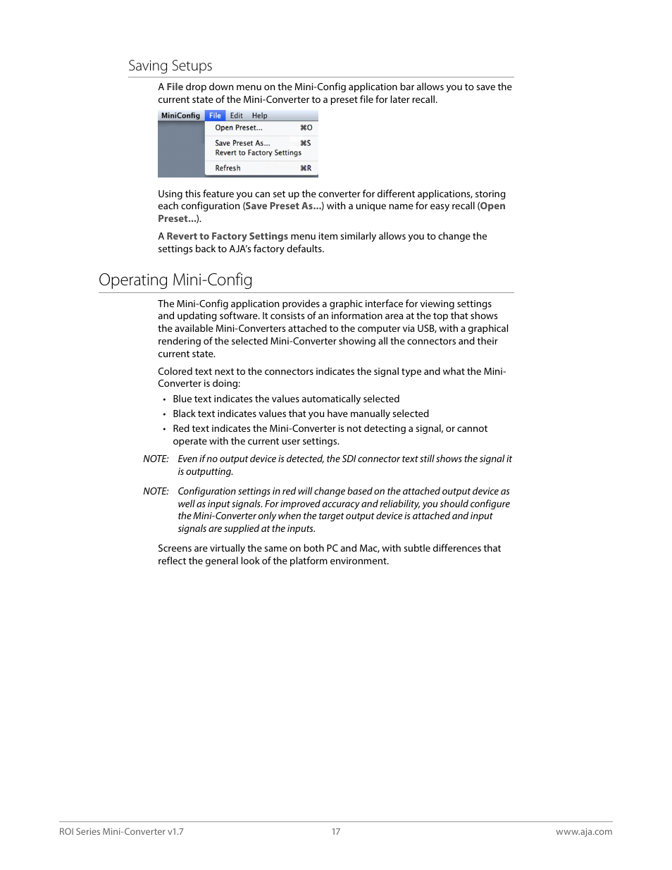 Operating mini-config, Saving setups | AJA ROI DVI to SDI Mini-Converter User Manual | Page 17 / 54