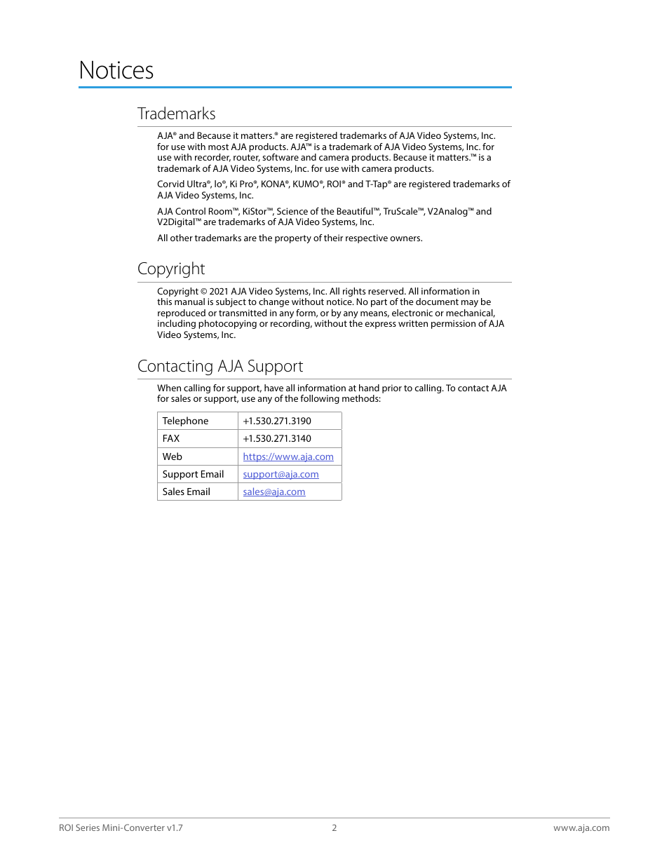 Notices, Trademarks, Copyright | Contacting aja support | AJA ROI DVI to SDI Mini-Converter User Manual | Page 2 / 54
