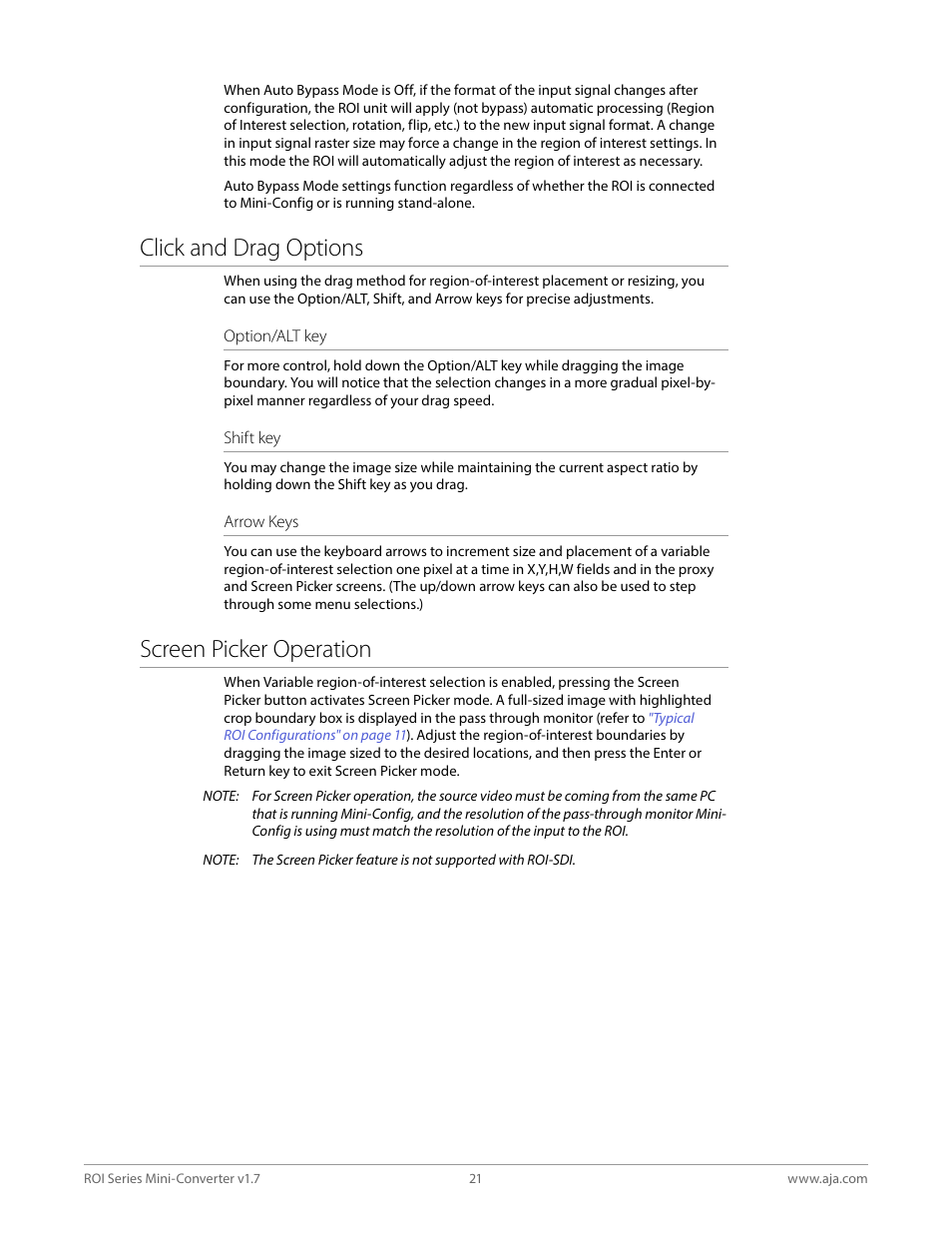 Click and drag options, Screen picker operation, Click and drag options screen picker operation | AJA ROI DVI to SDI Mini-Converter User Manual | Page 21 / 54