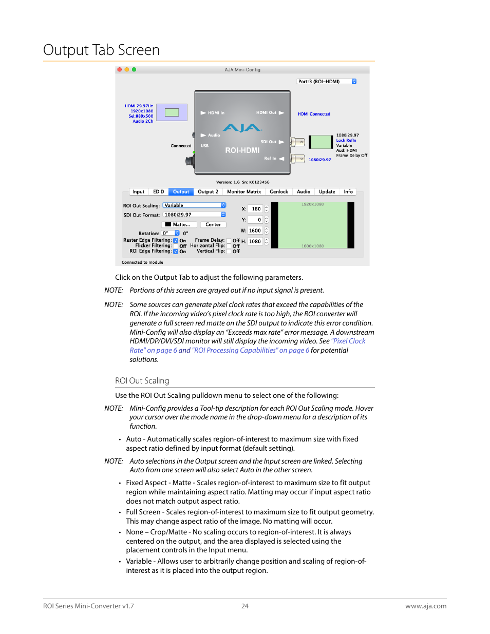 Output tab screen | AJA ROI DVI to SDI Mini-Converter User Manual | Page 24 / 54