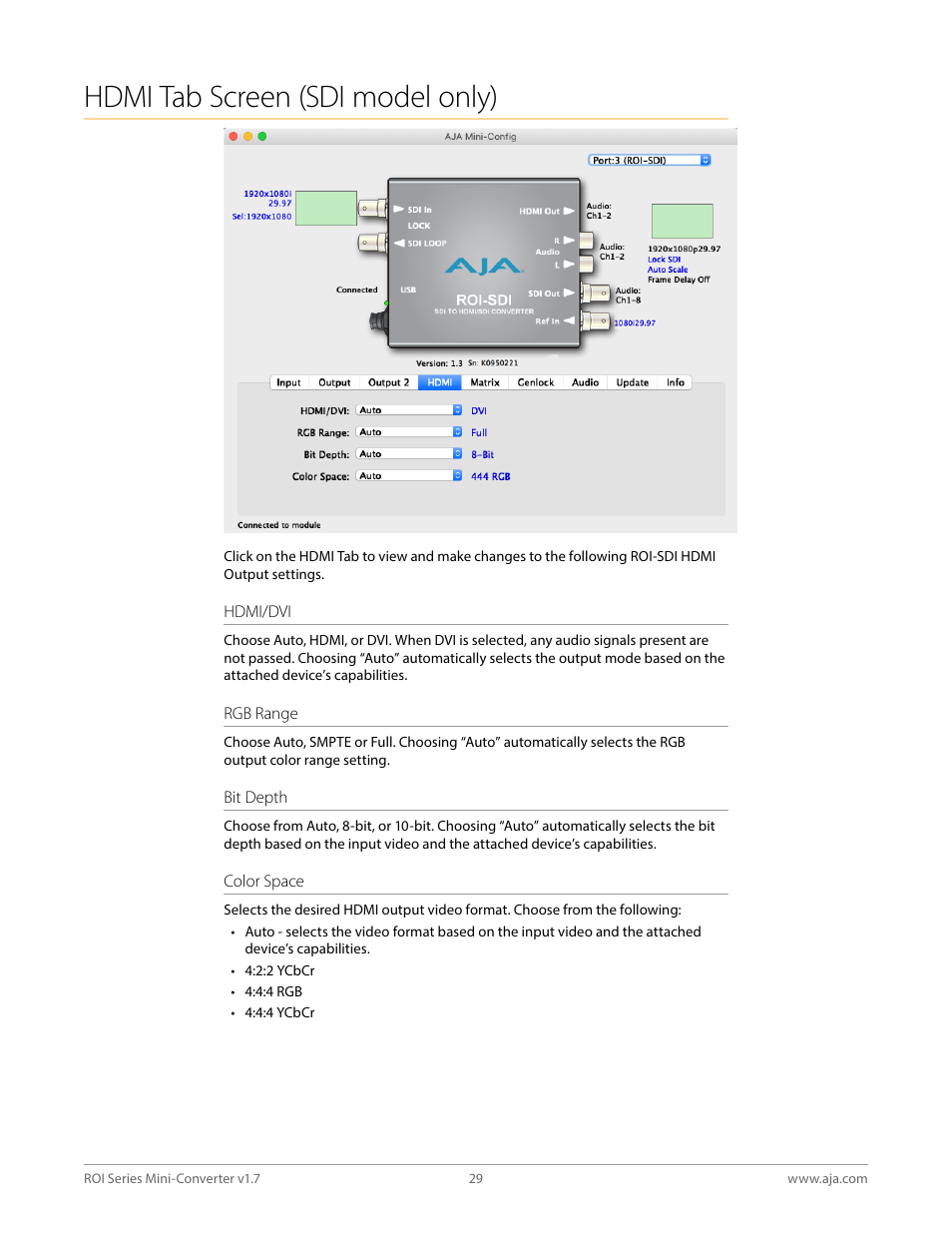 Hdmi tab screen (sdi model only) | AJA ROI DVI to SDI Mini-Converter User Manual | Page 29 / 54