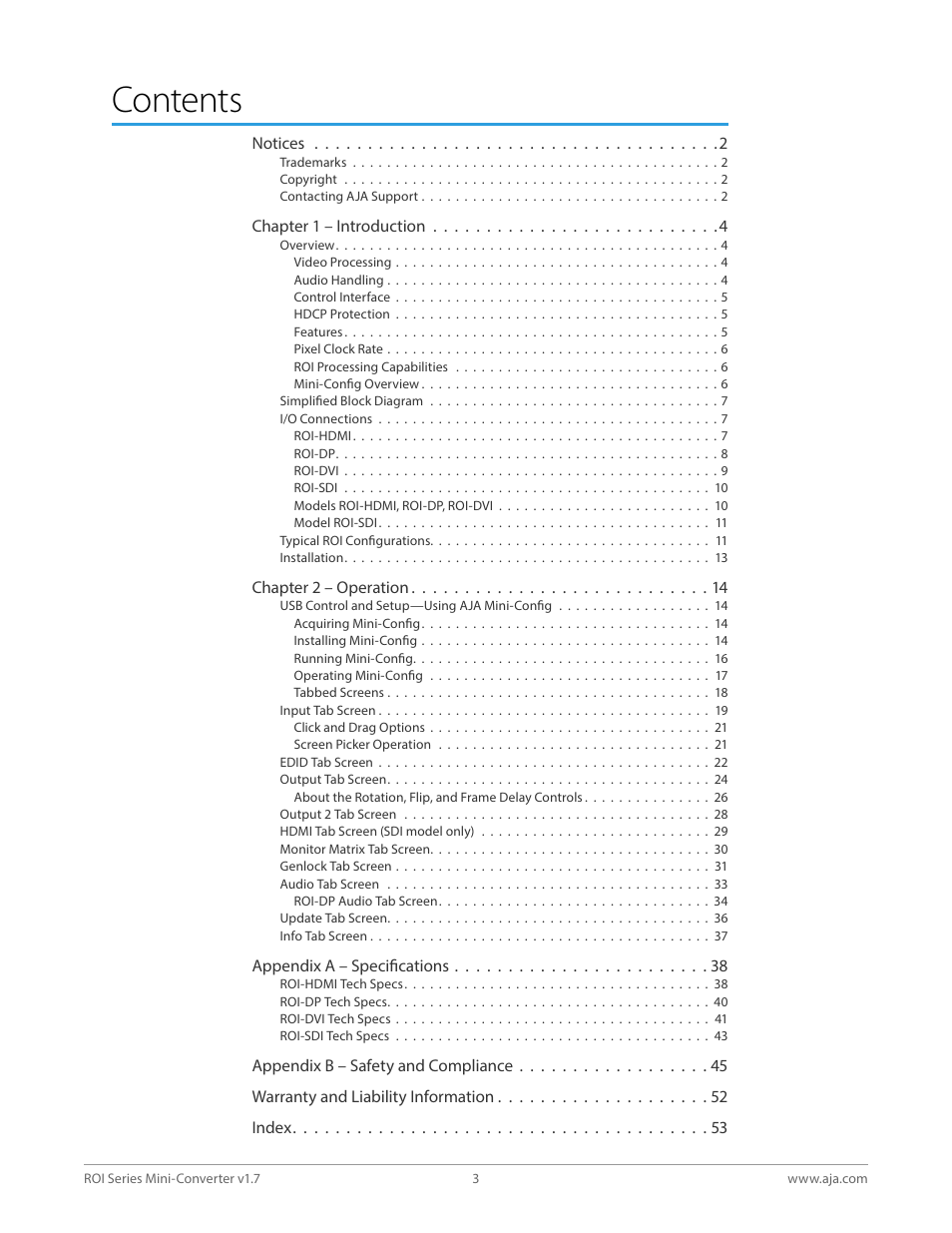 AJA ROI DVI to SDI Mini-Converter User Manual | Page 3 / 54