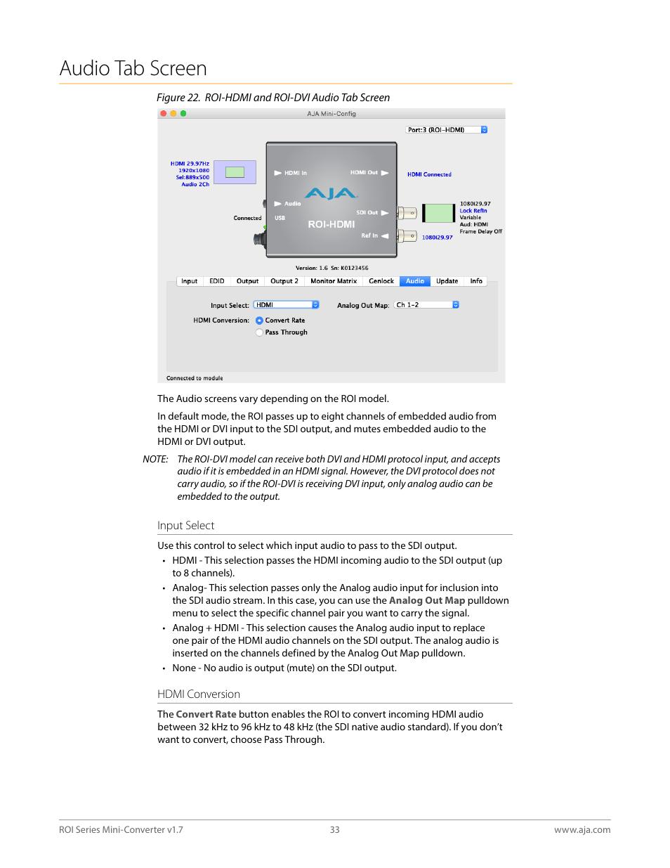 Audio tab screen | AJA ROI DVI to SDI Mini-Converter User Manual | Page 33 / 54