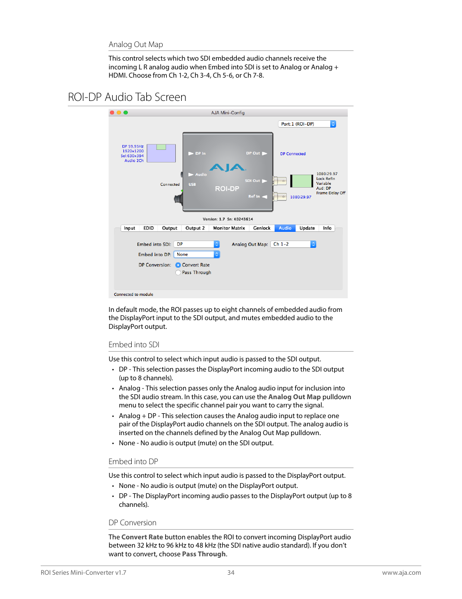 Roi-dp audio tab screen | AJA ROI DVI to SDI Mini-Converter User Manual | Page 34 / 54