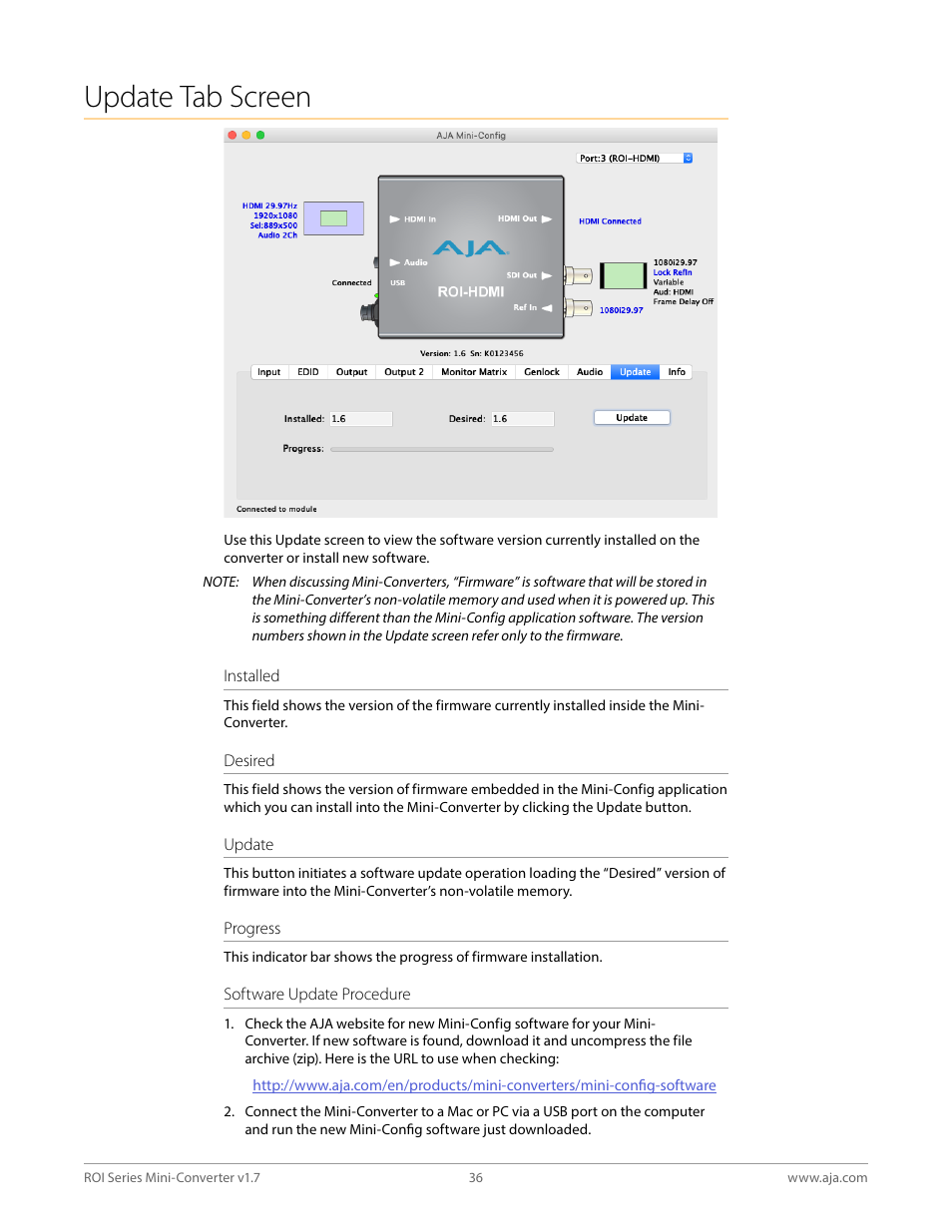 Update tab screen | AJA ROI DVI to SDI Mini-Converter User Manual | Page 36 / 54