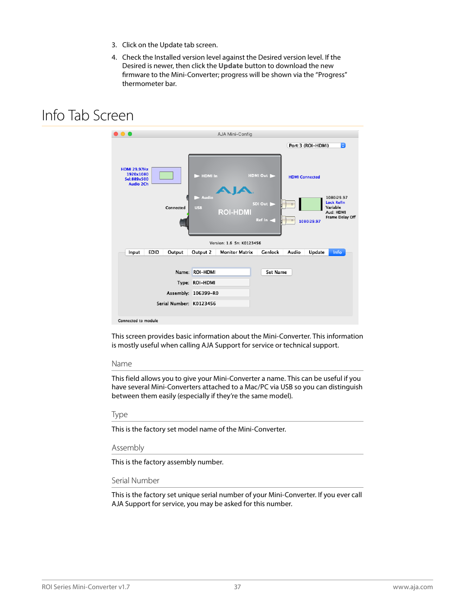 Info tab screen | AJA ROI DVI to SDI Mini-Converter User Manual | Page 37 / 54