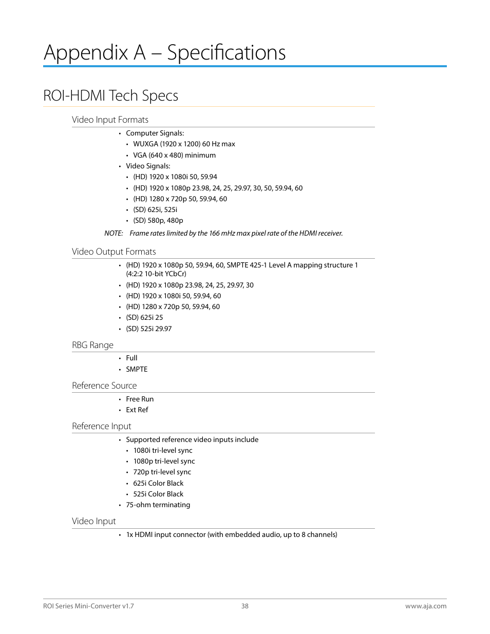 Appendix a – specifications, Roi-hdmi tech specs | AJA ROI DVI to SDI Mini-Converter User Manual | Page 38 / 54