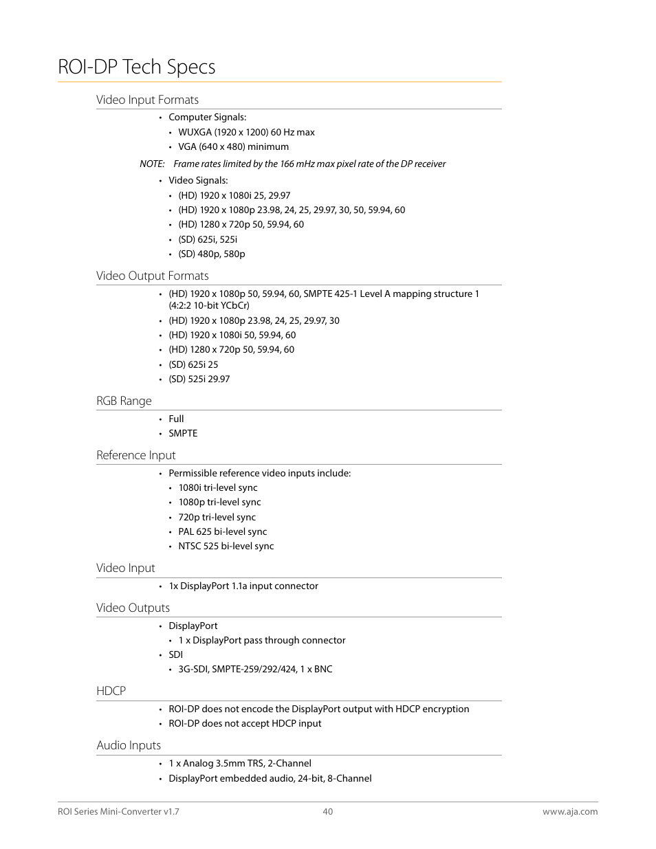 Roi-dp tech specs | AJA ROI DVI to SDI Mini-Converter User Manual | Page 40 / 54