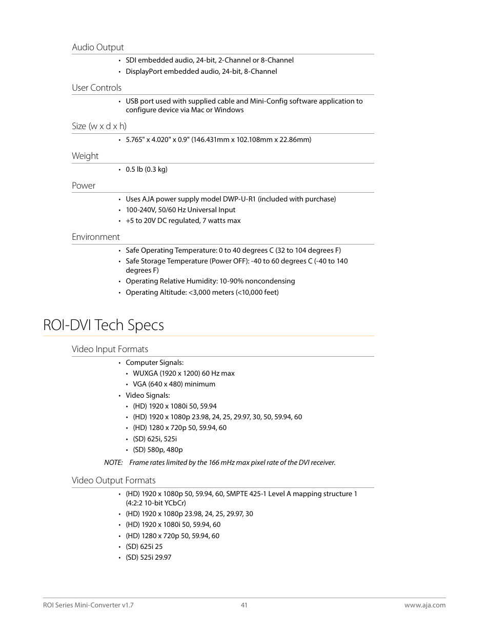 Roi-dvi tech specs | AJA ROI DVI to SDI Mini-Converter User Manual | Page 41 / 54