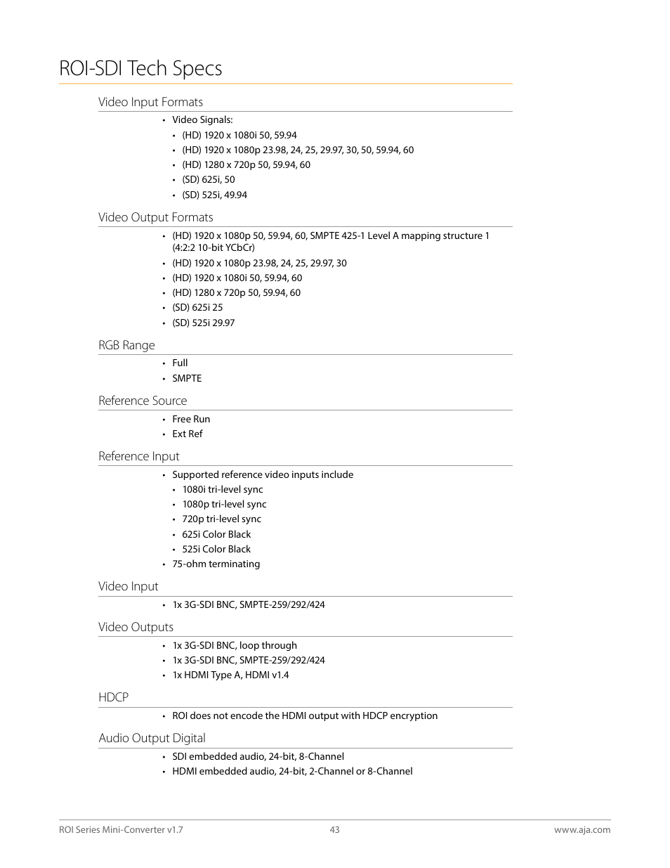 Roi-sdi tech specs | AJA ROI DVI to SDI Mini-Converter User Manual | Page 43 / 54