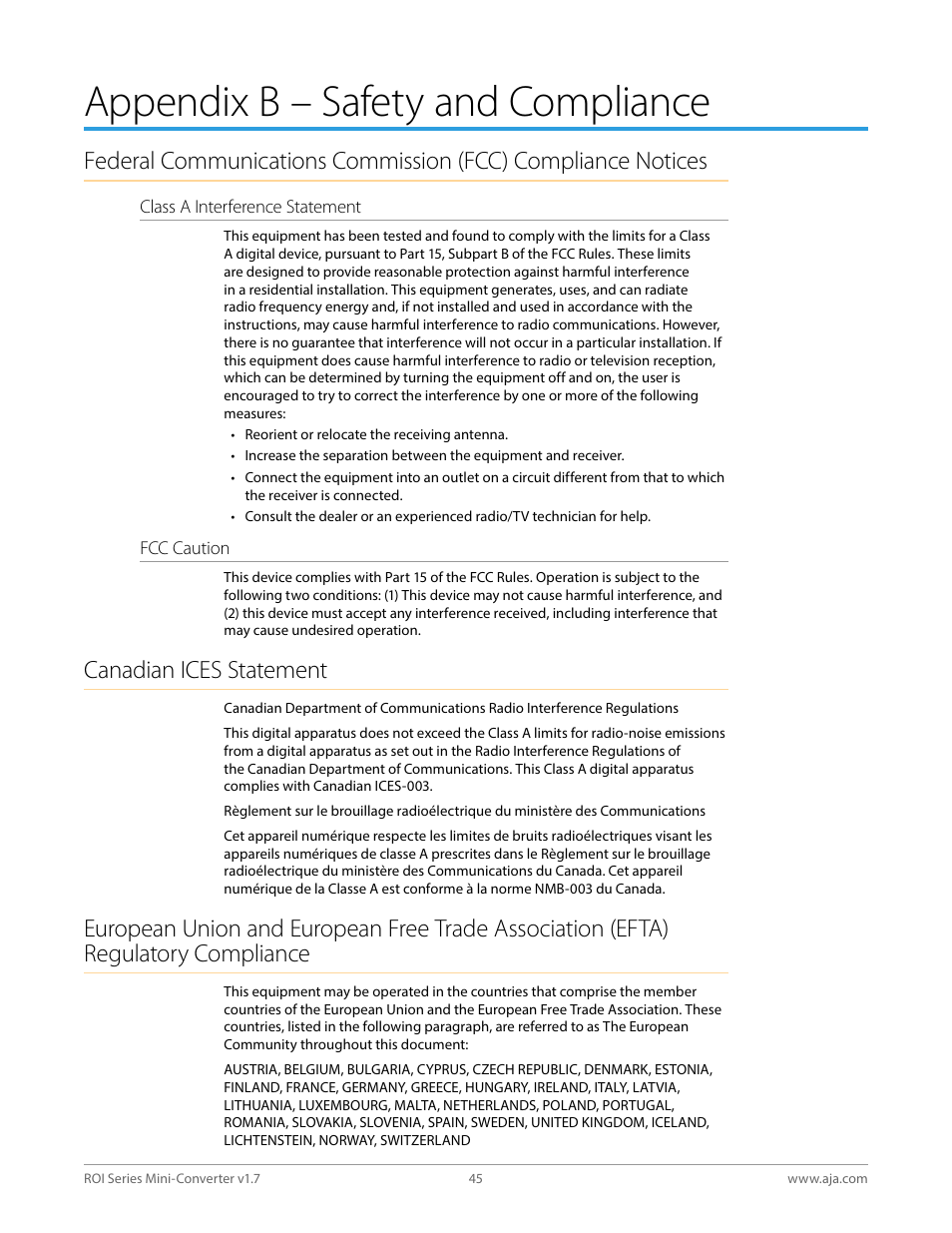 Appendix b – safety and compliance, Canadian ices statement | AJA ROI DVI to SDI Mini-Converter User Manual | Page 45 / 54