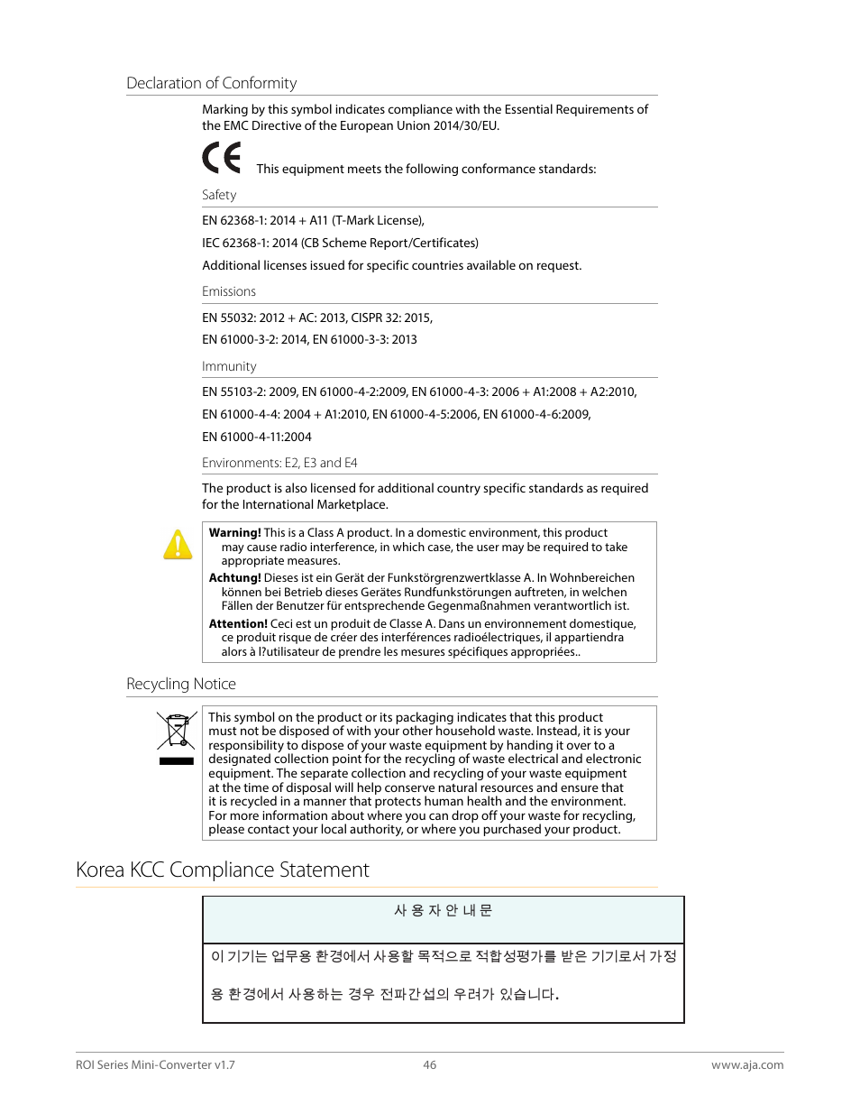 Korea kcc compliance statement | AJA ROI DVI to SDI Mini-Converter User Manual | Page 46 / 54