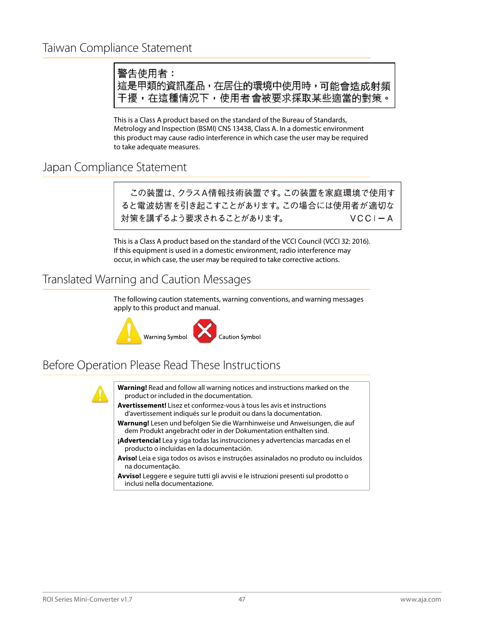 Taiwan compliance statement, Japan compliance statement, Translated warning and caution messages | Before operation please read these instructions | AJA ROI DVI to SDI Mini-Converter User Manual | Page 47 / 54
