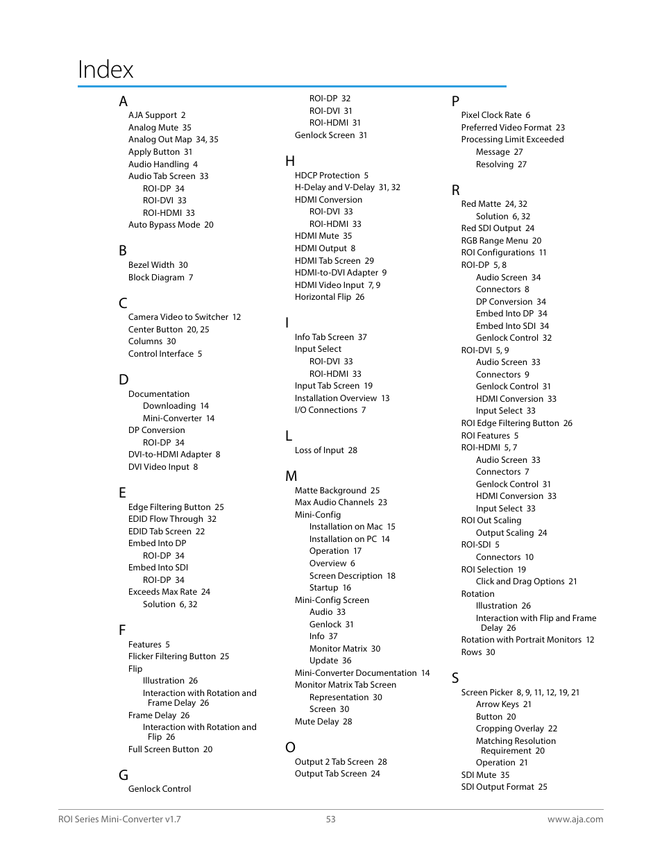 Index | AJA ROI DVI to SDI Mini-Converter User Manual | Page 53 / 54
