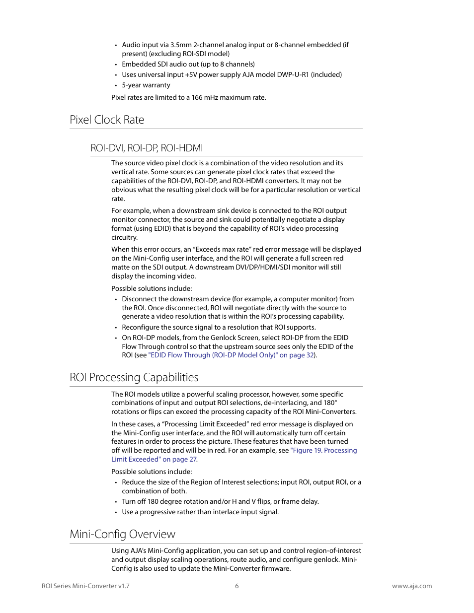 Pixel clock rate, Roi processing capabilities, Mini-config overview | Roi-dvi, roi-dp, roi-hdmi | AJA ROI DVI to SDI Mini-Converter User Manual | Page 6 / 54
