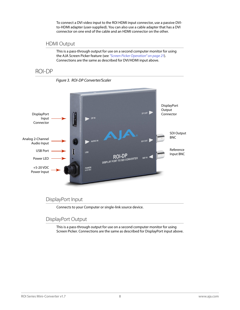 Roi-dp, Hdmi output, Displayport input | Displayport output | AJA ROI DVI to SDI Mini-Converter User Manual | Page 8 / 54