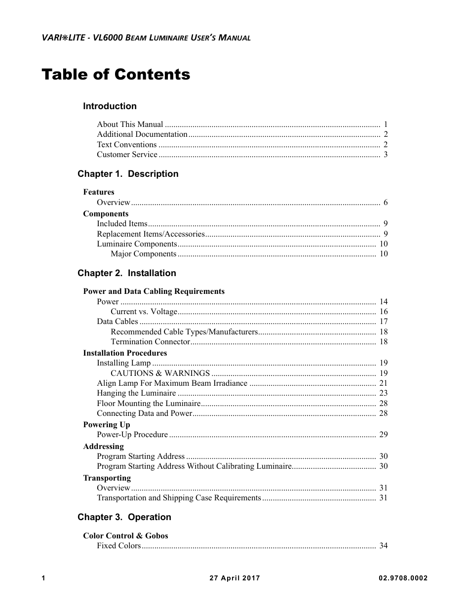 VARI-LITE VL6000 Beam User Manual | Page 16 / 103