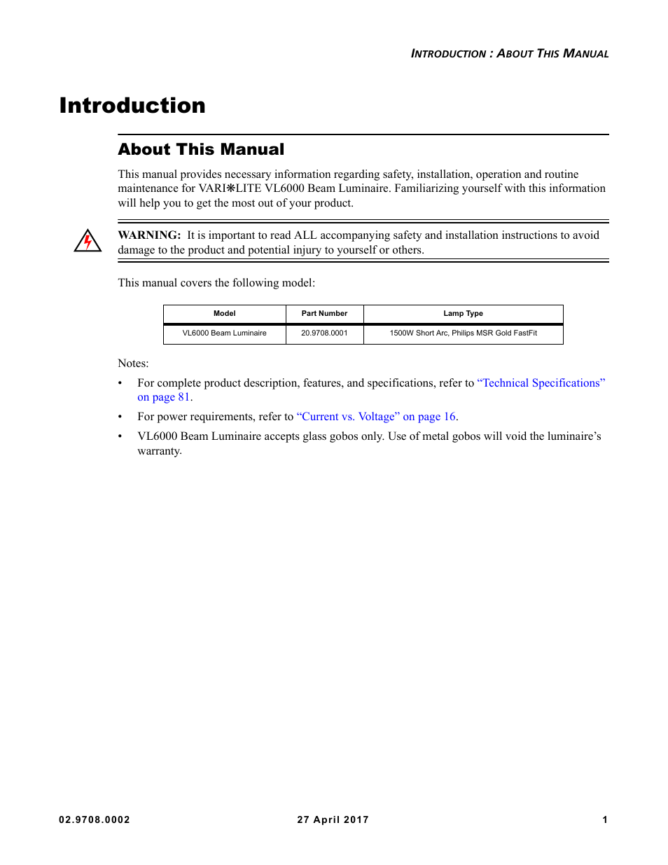 Introduction, About this manual | VARI-LITE VL6000 Beam User Manual | Page 19 / 103