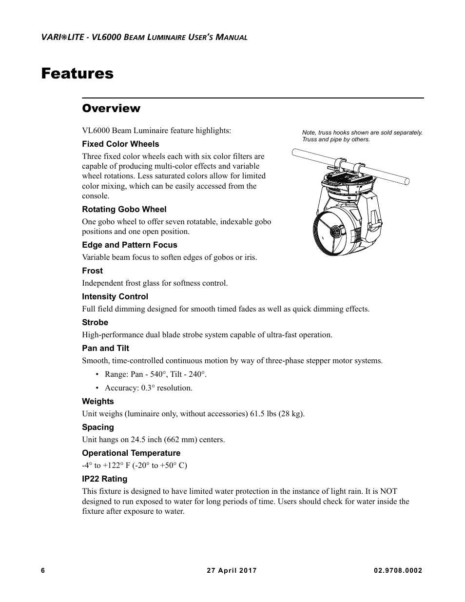 Features, Overview | VARI-LITE VL6000 Beam User Manual | Page 24 / 103