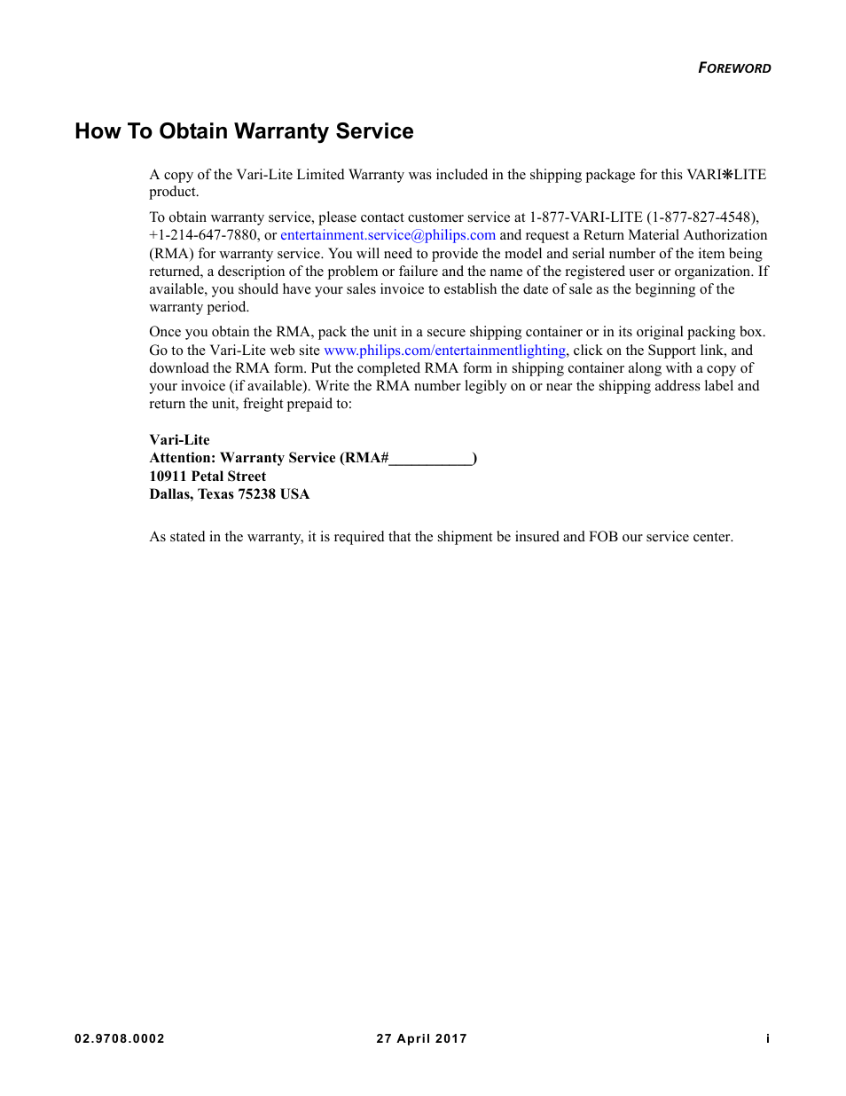 How to obtain warranty service | VARI-LITE VL6000 Beam User Manual | Page 3 / 103