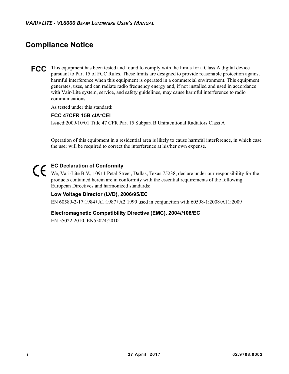 Compliance notice | VARI-LITE VL6000 Beam User Manual | Page 4 / 103