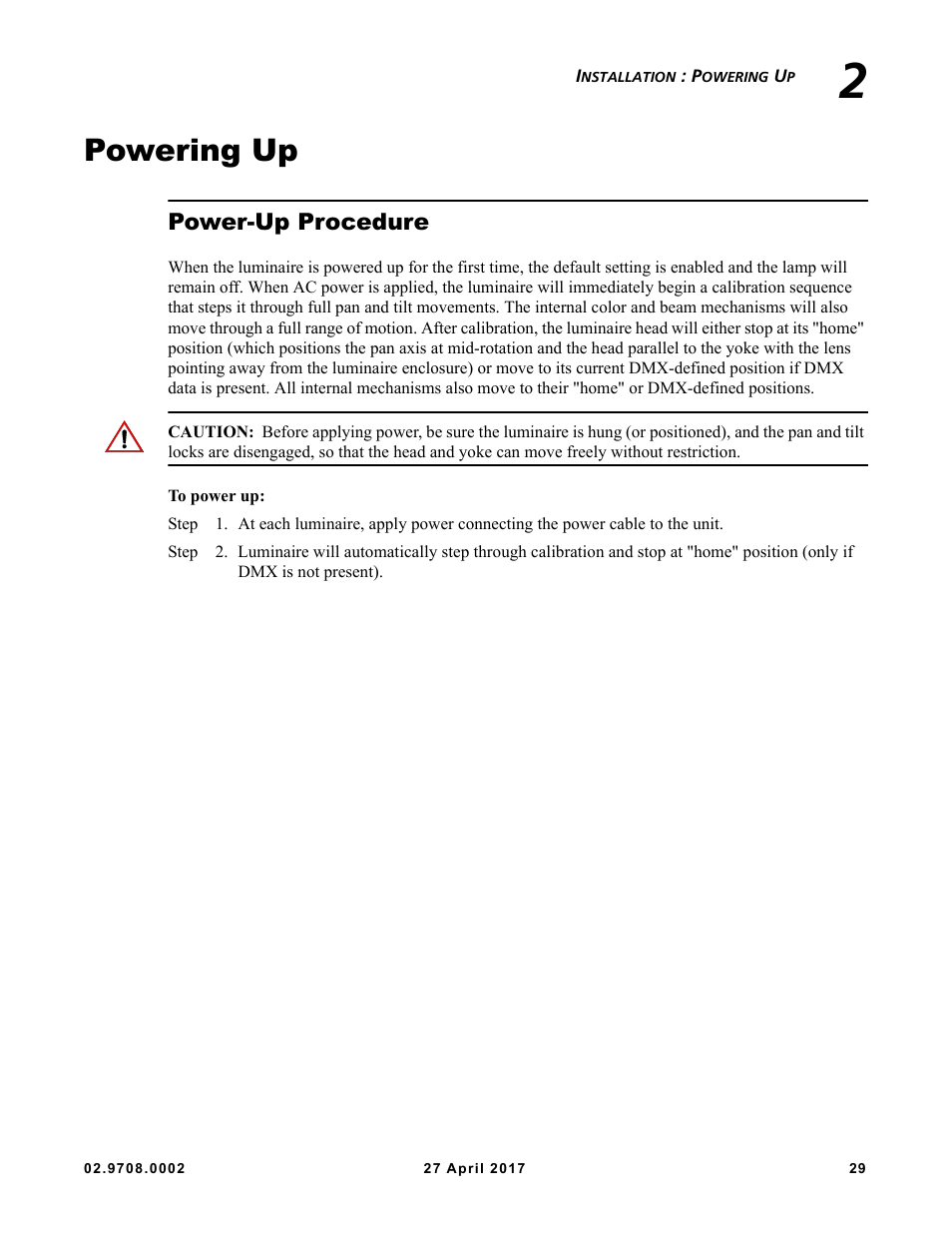 Powering up, Power-up procedure | VARI-LITE VL6000 Beam User Manual | Page 47 / 103