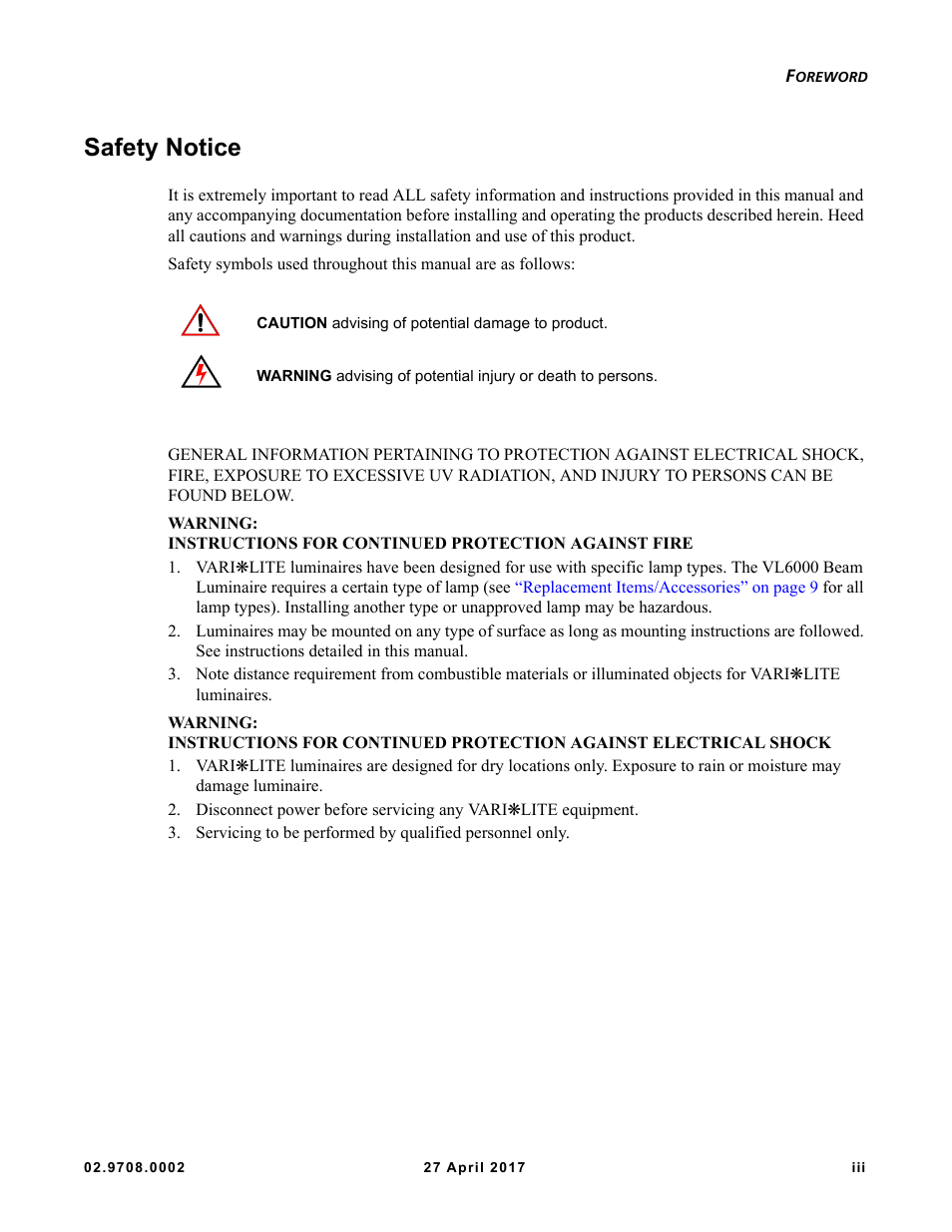 Safety notice | VARI-LITE VL6000 Beam User Manual | Page 5 / 103