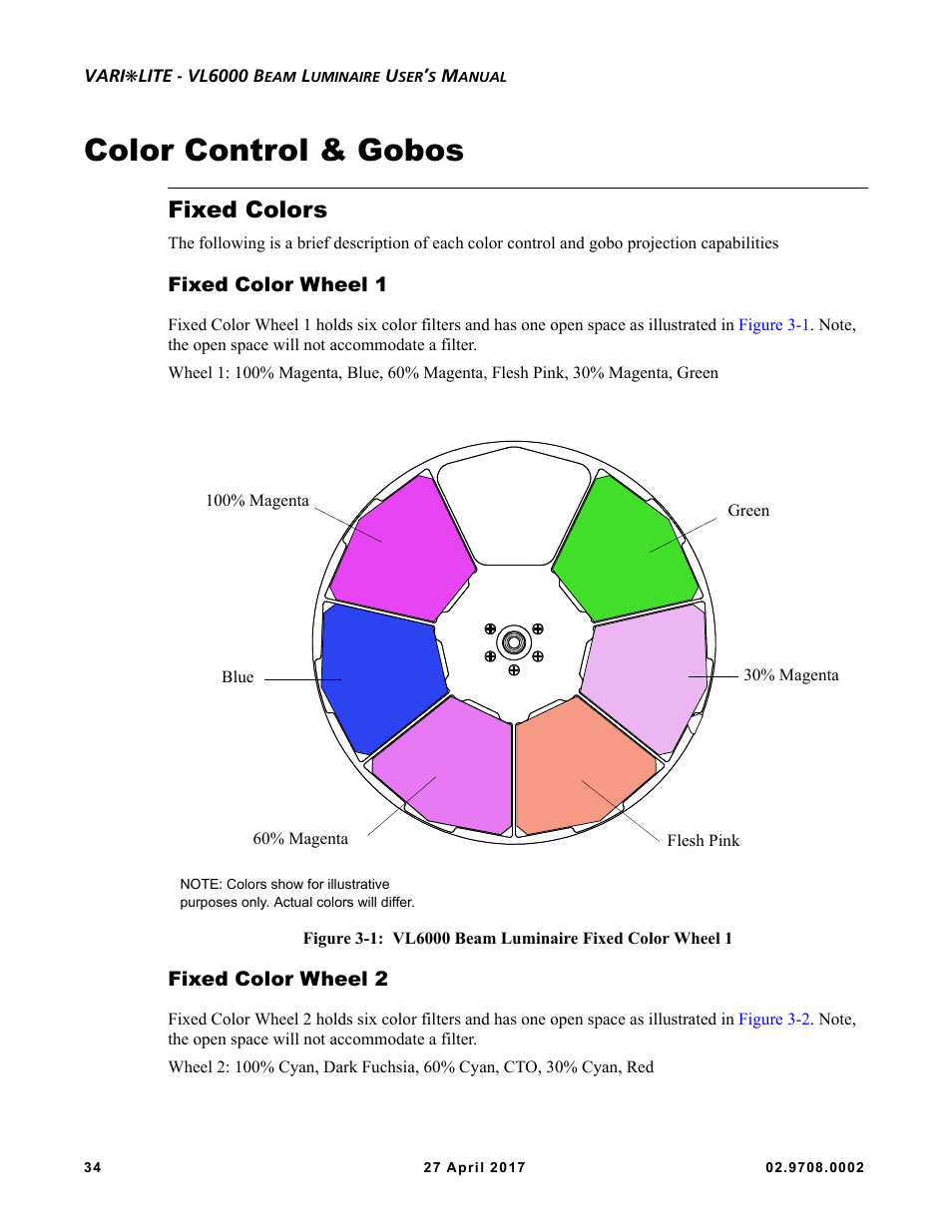 Color control & gobos, Fixed colors, Fixed color wheel 1 | Fixed color wheel 2, Fixed color wheel 1 fixed color wheel 2 | VARI-LITE VL6000 Beam User Manual | Page 52 / 103