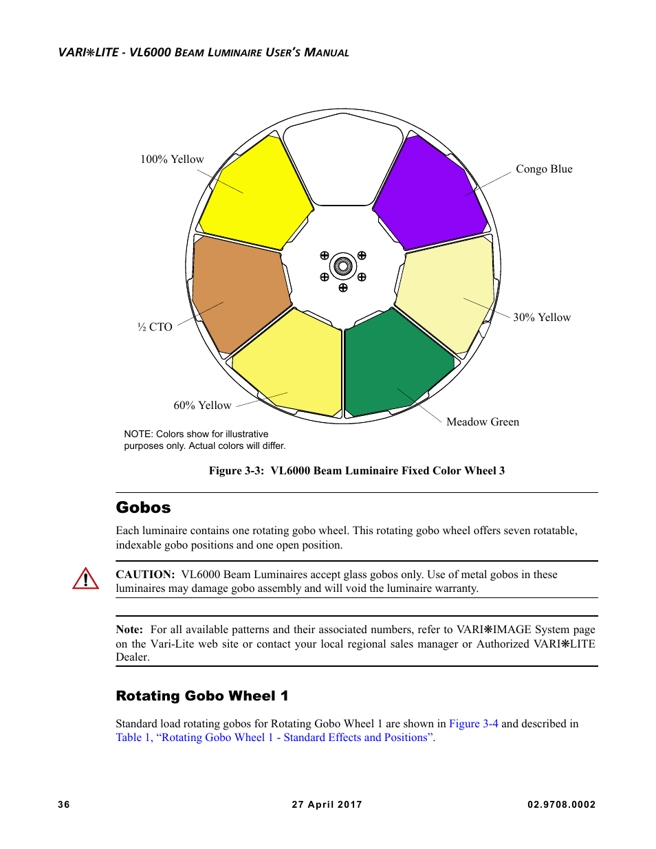 Gobos, Rotating gobo wheel 1 | VARI-LITE VL6000 Beam User Manual | Page 54 / 103