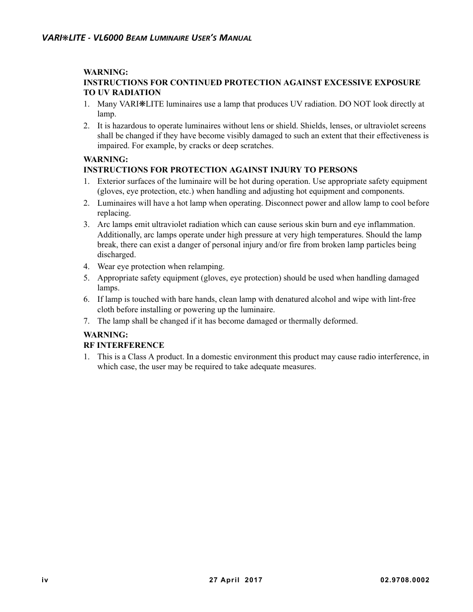VARI-LITE VL6000 Beam User Manual | Page 6 / 103